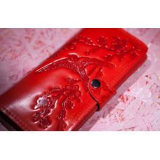 Шкіряний гаманець Turtle вестерн XL, Ластівки в кольорах вишня, червоний