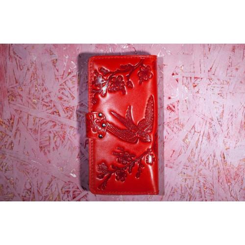 Шкіряний гаманець Turtle вестерн XL, Ластівки в кольорах вишня, червоний