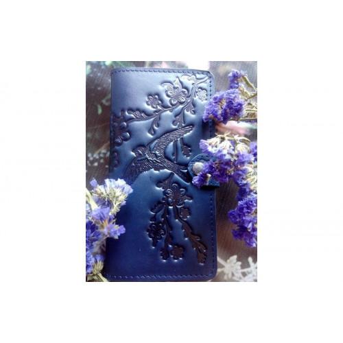Шкіряний гаманець Turtle вестерн XL, Ластівки в кольорах вишні, синій
