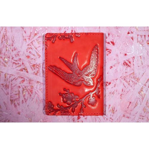 Шкіряна обкладинка для паспорта Turtle, Ластівки в кольорах вишня, червоний