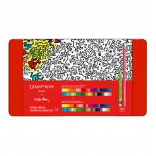 Набір Caran d'Ache Keith Haring Colour Set 42 акварельні воскові пастелі Neocolor II, 40 кольорових акварельних олівців, Металевий бокс